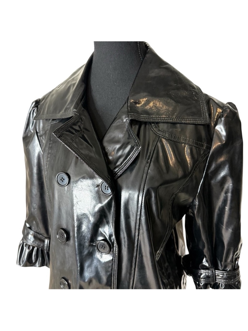 NEVADA Black Patent Vinyl Double Breasted Jacket Peplum 3/4 Sleeve Buttons Large